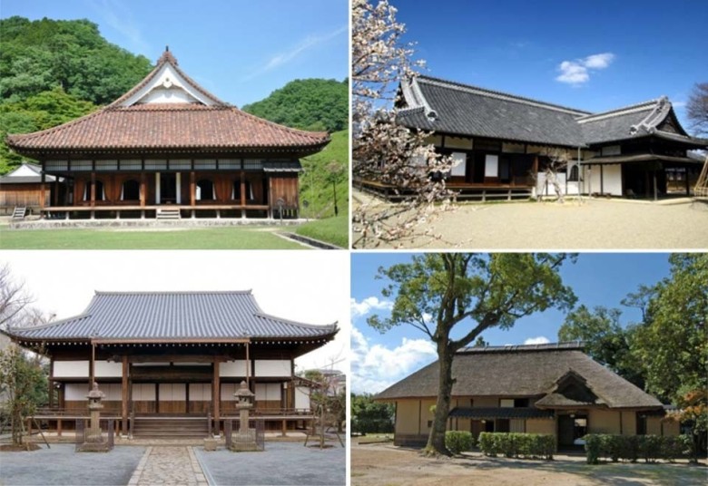 左上：閑谷学校/右上：旧弘道館/左下：長福寺本堂/右下：咸宜園跡（秋風庵）