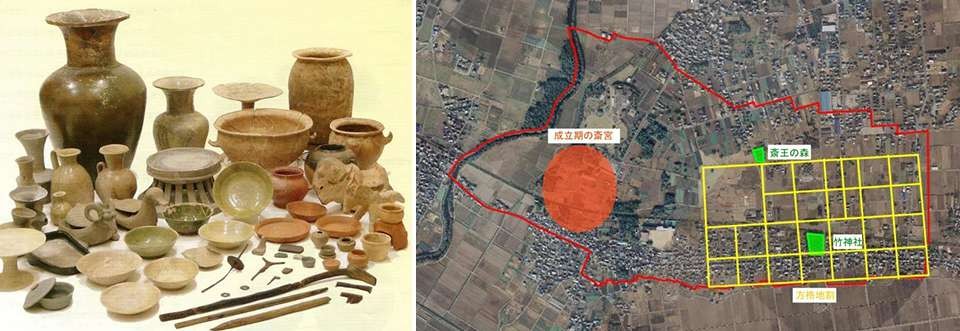 左：斎宮出土品（重要文化財）/右：斎宮成立期と方格地割の位置図