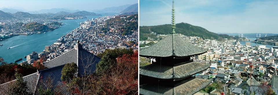 左：尾道水道と斜面地の景観/右：尾道水道と斜面地の景観