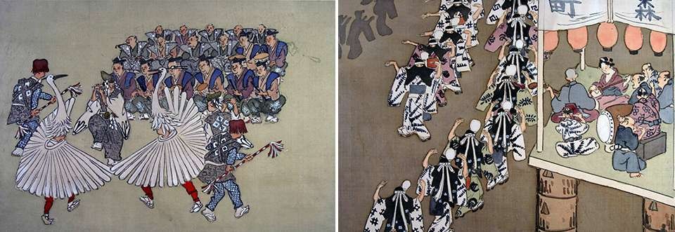 左：百景図 十七 祇園会鷺舞/右：百景図 九九 盆踊