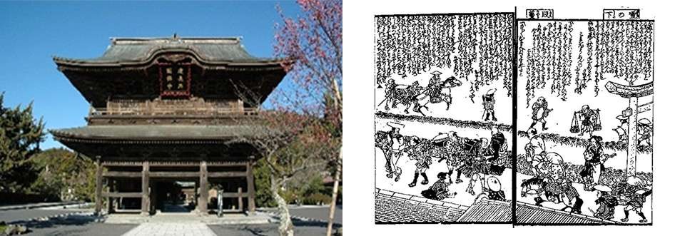 左：建長寺/右：賑わう若宮大路の様子（「諸国道中金の草鞋」より）