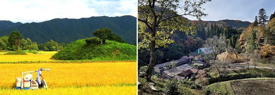 左：棚田に小山が点在する奥出雲の独特な景観/右：操業当時の姿が残る菅谷たたら山内
