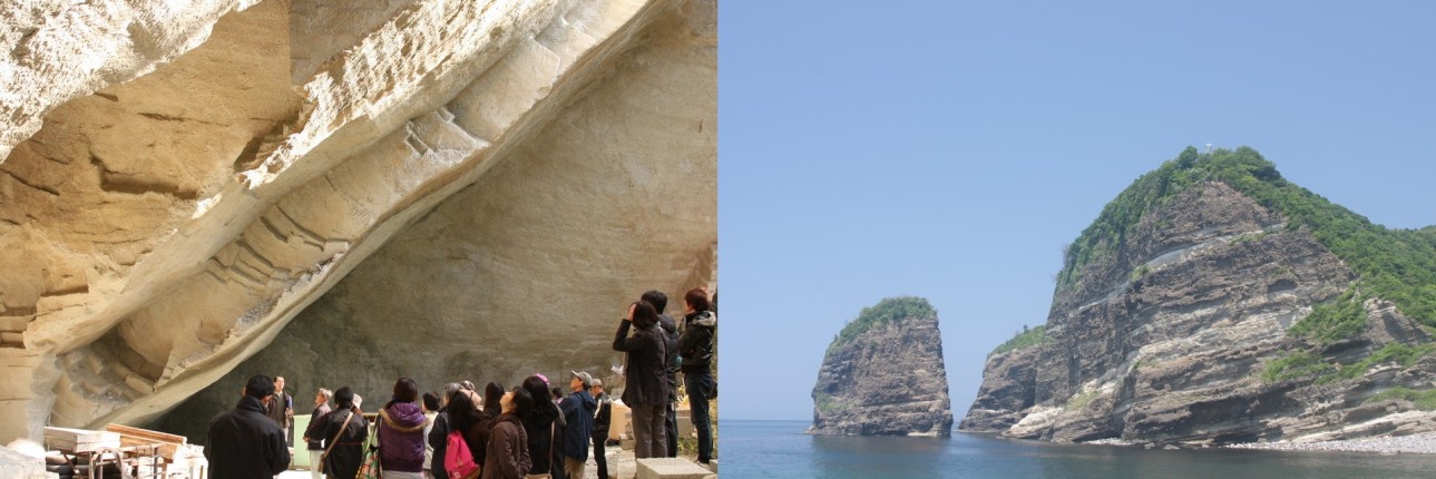 左：室町時代から現代まで続く福光石の石切場／右：波根海岸の立神岩