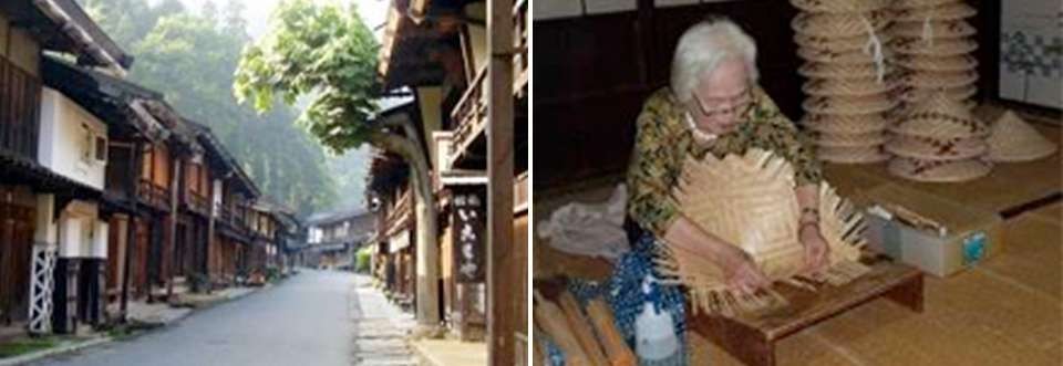 左：妻籠宿の町並み（南木曽町）/右：蘭桧笠製作（南木曽町）