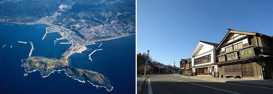 左：江差市街地とかもめ島/右：江差の町並み