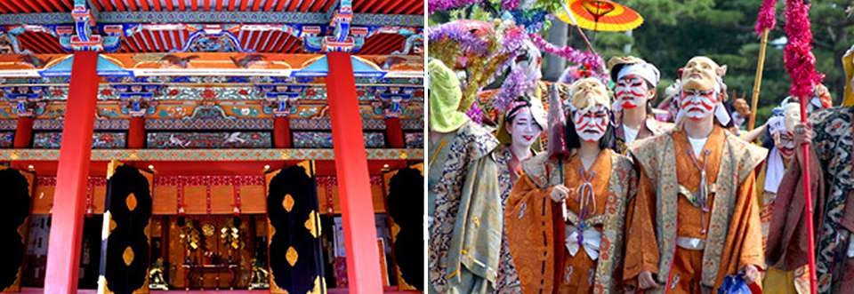 左：関西の日光といわれる紀州東照宮/右：今にうけつがれる和歌祭（面掛行列）