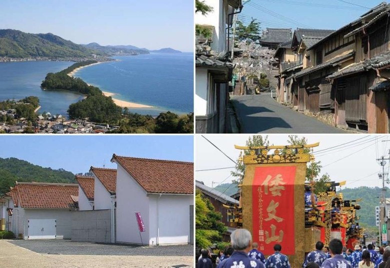 左上：天橋立/右上：ちりめん街道/左下：丹後ちりめん歴史館/右下：三河内曳山行事