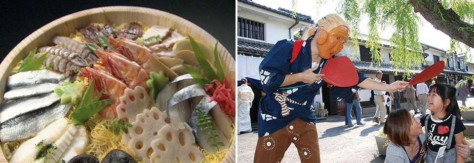 左：瀬戸内の幸,旬の野菜を使った「ばらずし」/右：祭りの名物「素隠居」