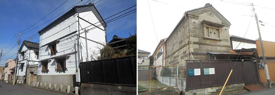左：洋風建築技術が導入された大型の土蔵/右：戦後の石蔵