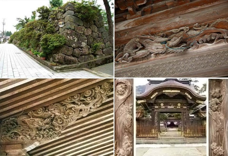 左上：瑞泉寺の防火・防風壁「大楼壁」/右上：山門に残る「雲水一疋龍」/左下：勅使門に残る「獅子の子落とし」/右下：太子堂の手挟み彫刻