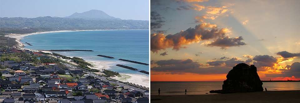 左：稲佐の浜（薗の長浜）/右：夕焼け空と弁天島