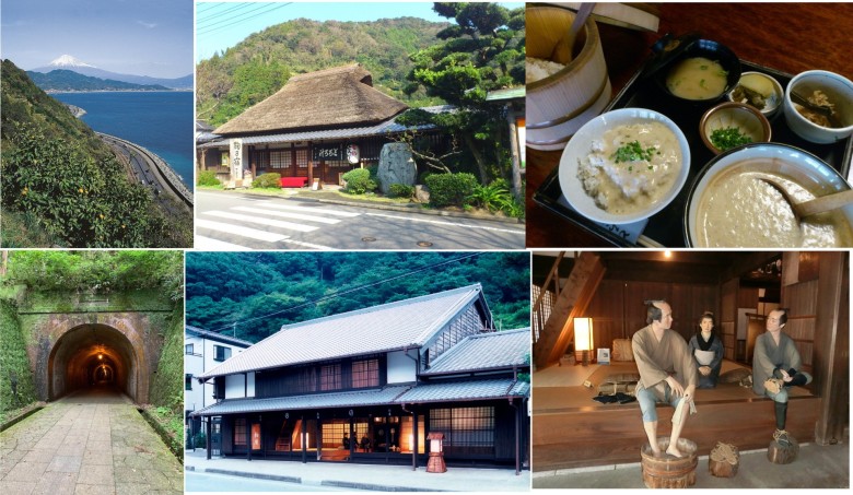 左上：薩埵峠／中央上：丸子宿丁子屋／右上：丸子宿名物とろろ汁 左下：明治宇津ノ谷隧道（明治トンネル）／中央下：岡部宿大旅籠柏屋／右下：岡部宿大旅籠柏屋の弥次さん喜多さん