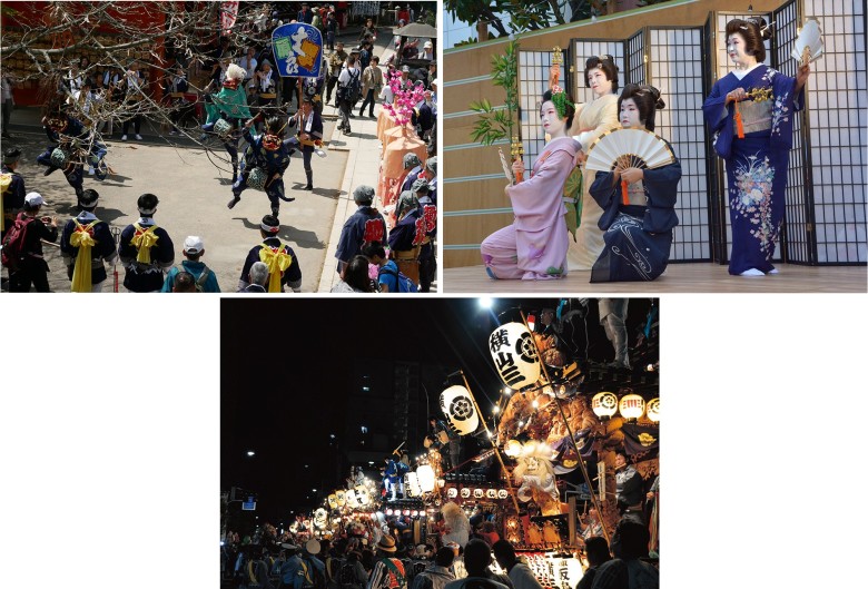 上段左：八王子の獅子舞／上段右：八王子芸妓／下段：上の祭り・下の祭り（八王子まつり）