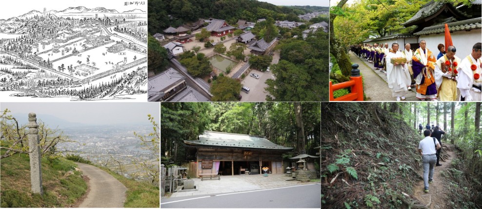左上：名所図会が描かれた金剛寺／中央上：現在の金剛寺境内／右上：住民とともに行う祭礼 左下：紀の川を見下ろす町石道／中央下：不動坂口女人堂／右下：険しい女人道