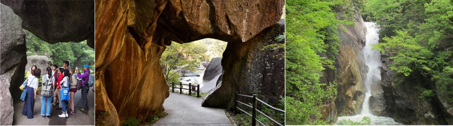 左・中央：新道開削の難所「石門」／右：「仙娥滝」