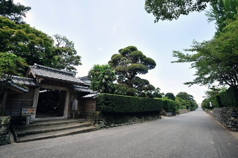 石垣，生垣，武家門で構成される武家通り（出水麓）