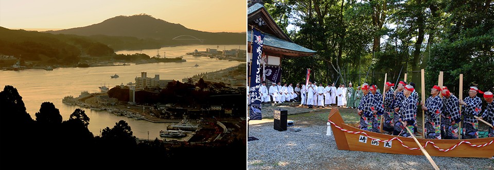 左：採金が「みちのく」の風土に解け込み、港町を発展させた歴史が込められた「気仙沼港と風待ちの風景」（気仙沼市）／右：金山で働く鉱夫たちの労働唄が、漁師たちに伝わって大漁を祝う唄「気仙沼の大漁唄込」（気仙沼市）