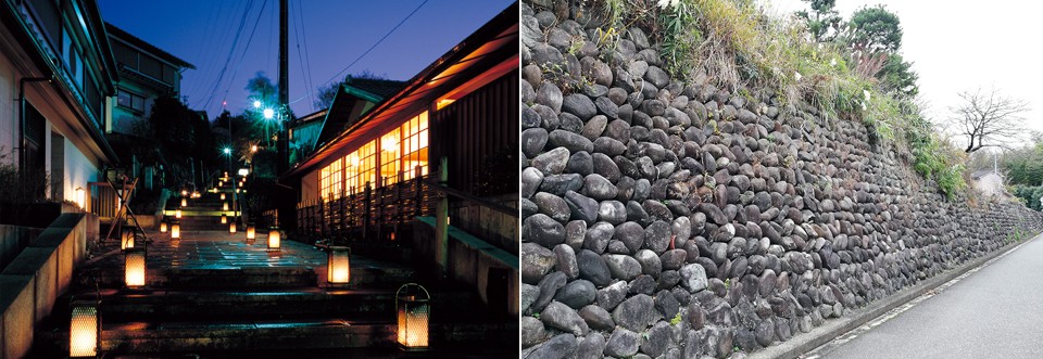 左：笏谷石の石段（愛宕坂）／右：七里壁