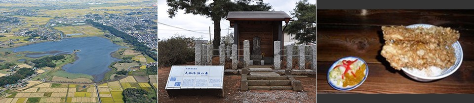 左：多々良沼と松林/中央：大谷休泊の墓/右：沼の幸・川魚料理