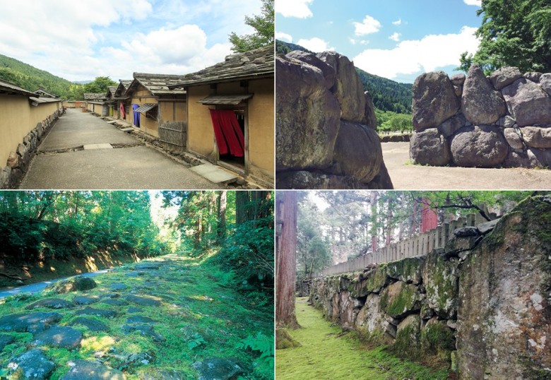 左上：一乗谷の復元町並／右上：一乗谷の下城戸/左下：平泉寺白山神社の参道／右下：平泉寺白山神社の大石垣