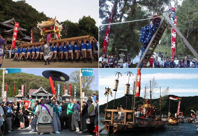 左上：塩屋荒神社屋台行事/右上：鳥撫荒神社獅子舞 左下：赤穂八幡宮神幸式の頭人行列/右下：坂越の船祭