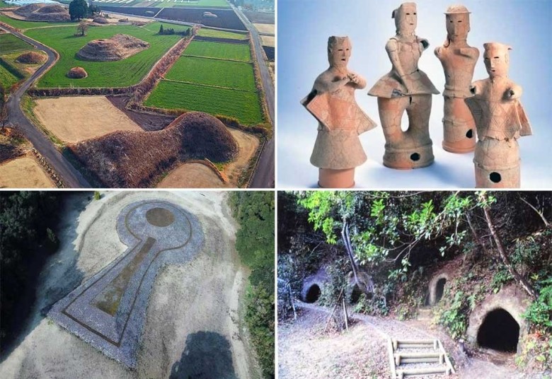 左上：田園風景の中の新田原古墳群/右上：ユーモラスな埴輪たち(新田原古墳群)/左下：白亜に輝く古墳（生目古墳群）/右下：自然と一体化した横穴墓群(蓮ヶ池横穴群)