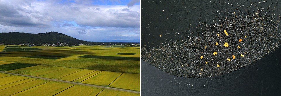 左：日本初の金を産出した霊峰「箟岳山」（涌谷町）／右：現在でも産出する涌谷町の砂金（涌谷町）
