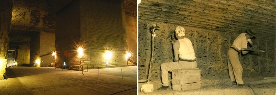 左：公開されるカネイリヤマ採石場跡地/右：採掘の様子(1950年代後半～1960年代)