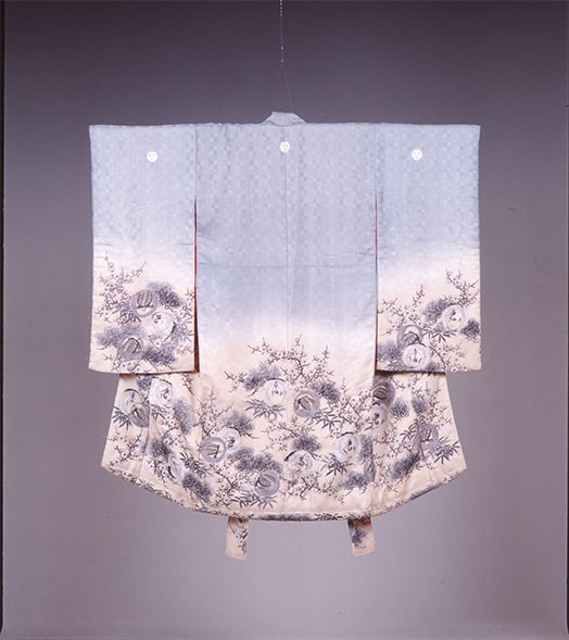 紅花染め衣装（亀綾織絹地鶴亀ニ松竹梅福寿模様藍ニ墨ト紅曙染女中裁祝着）