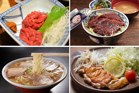 左上：馬刺し　右上：ソースカツ丼　左下：喜多方ラーメン　右下：会津地鶏