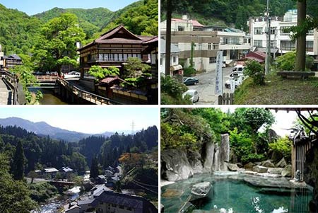左上：東山温泉　右上：熱塩温泉　左下：西山温泉　右下：湯野上温泉