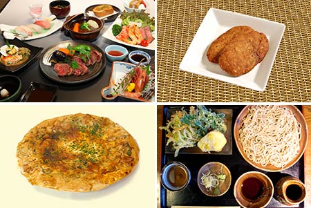 左上：和牛懐石　右上：ゼリーフライ　左下：フライ　右下：蕎麦