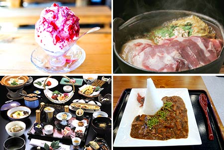 左上：清水屋みやげ店のかき氷　右上：猪鍋　左下：大山のとうふ料理　右下：大山きのこカレー