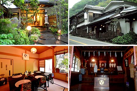 左上：宿坊玄関　右上：宿坊外観　左下：宿坊部屋　右下：宿坊神殿