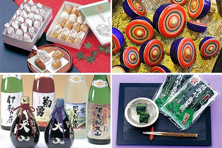 左上：大山まん志゛う　右上：大山こま　左下：地酒　右下：おおやま菜漬