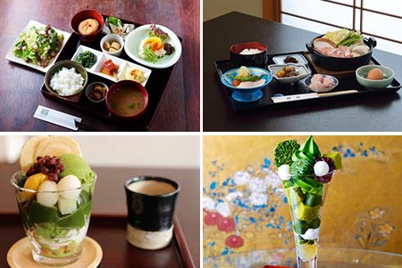 上：地元食材を使った料理　下：抹茶パフェ