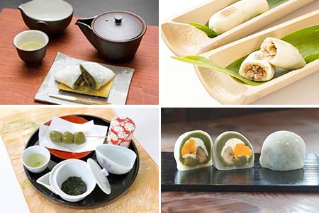 左上：抹茶スイーツ　右上：筍おやき　左下：宇治茶　右下：抹茶スイーツ