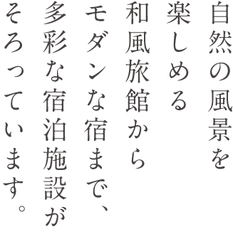 自然の風景を楽しめる和風旅館からモダンな宿まで、多彩な宿泊視線がそろっています。