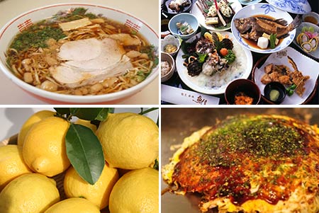 左上：尾道ラーメン　右上：会席料理　左下：レモン　右下：尾道焼（お好み焼き）