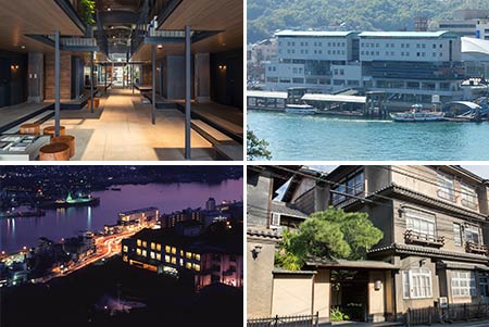 左上：ONOMICHI　U2　右上：グリーンヒルホテル尾道　左下：千光寺山荘（夕景）　右下：西山本館