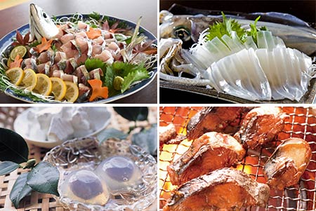 左上：よっぱらい鯖　右上：アオリイカ　左下：くずまんじゅう　右下：へしこ焼き