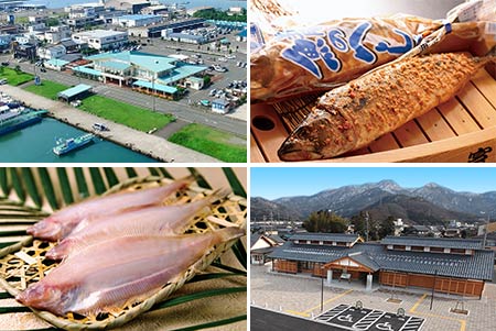 左上：若狭フィッシャーマンズ　右上：へしこ　左下：若狭かれい　右下：道の駅若狭おばま