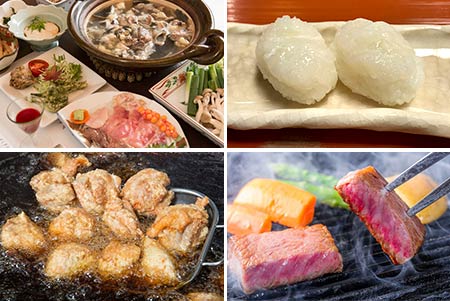 左上：すっぽん料理　右上：はも料理　左下：中津からあげ　右下：豊後牛