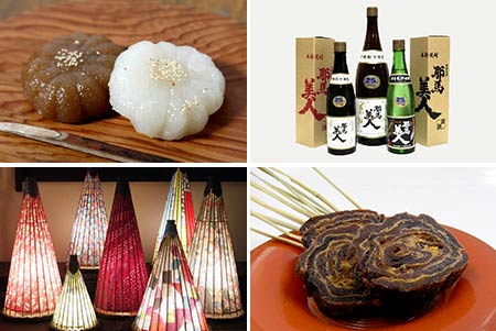 左上：ういろう　右上：焼酎「耶馬美人」 左下：中津和傘　右下：巻柿